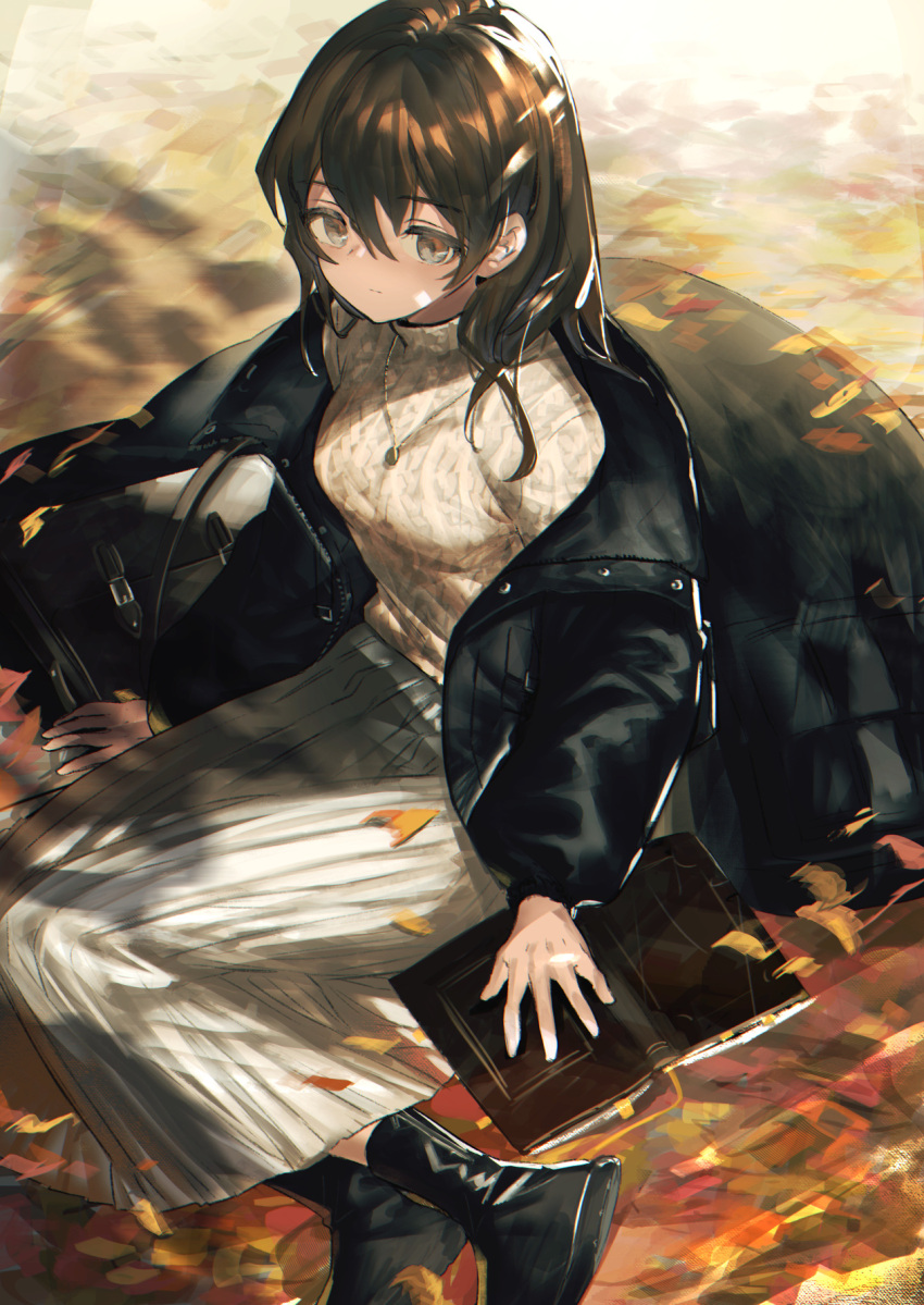 1girl aran_sweater autumn autumn_leaves bangs black_hair black_jacket book bookmark breasts closed_mouth commentary english_commentary eyebrows_visible_through_hair grey_eyes grey_skirt hair_between_eyes hayama_eishi highres jacket long_hair looking_at_viewer open_book open_clothes open_jacket original pleated_skirt skirt small_breasts solo sweater white_sweater