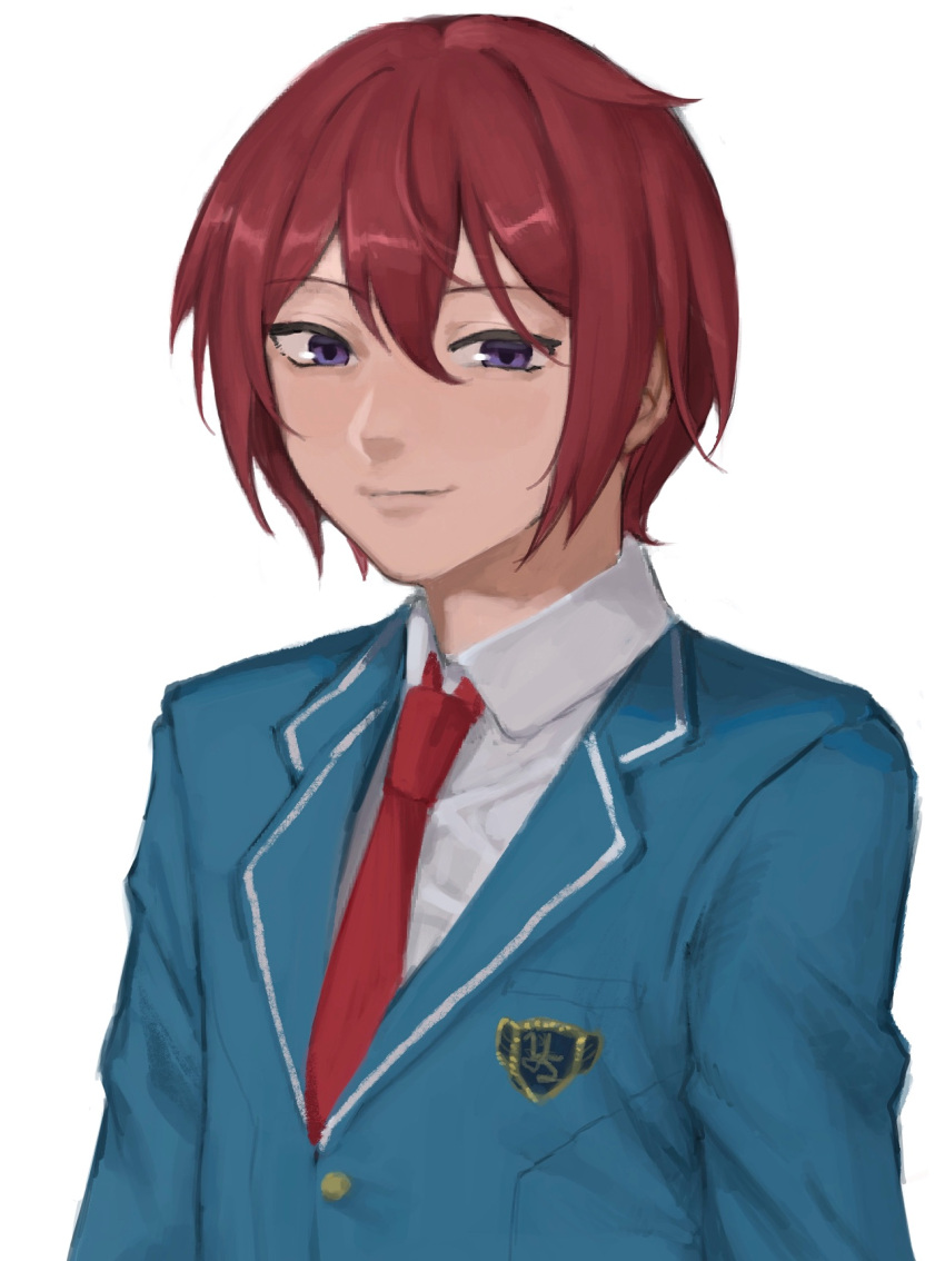 1boy bangs blue_jacket closed_mouth collared_shirt commentary_request copyright_name ensemble_stars! hair_between_eyes highres jacket kondate_(inugrm) long_sleeves looking_at_viewer male_focus necktie red_neckwear redhead school_uniform shiny shiny_hair shirt short_hair simple_background smile solo suou_tsukasa upper_body violet_eyes white_background white_shirt