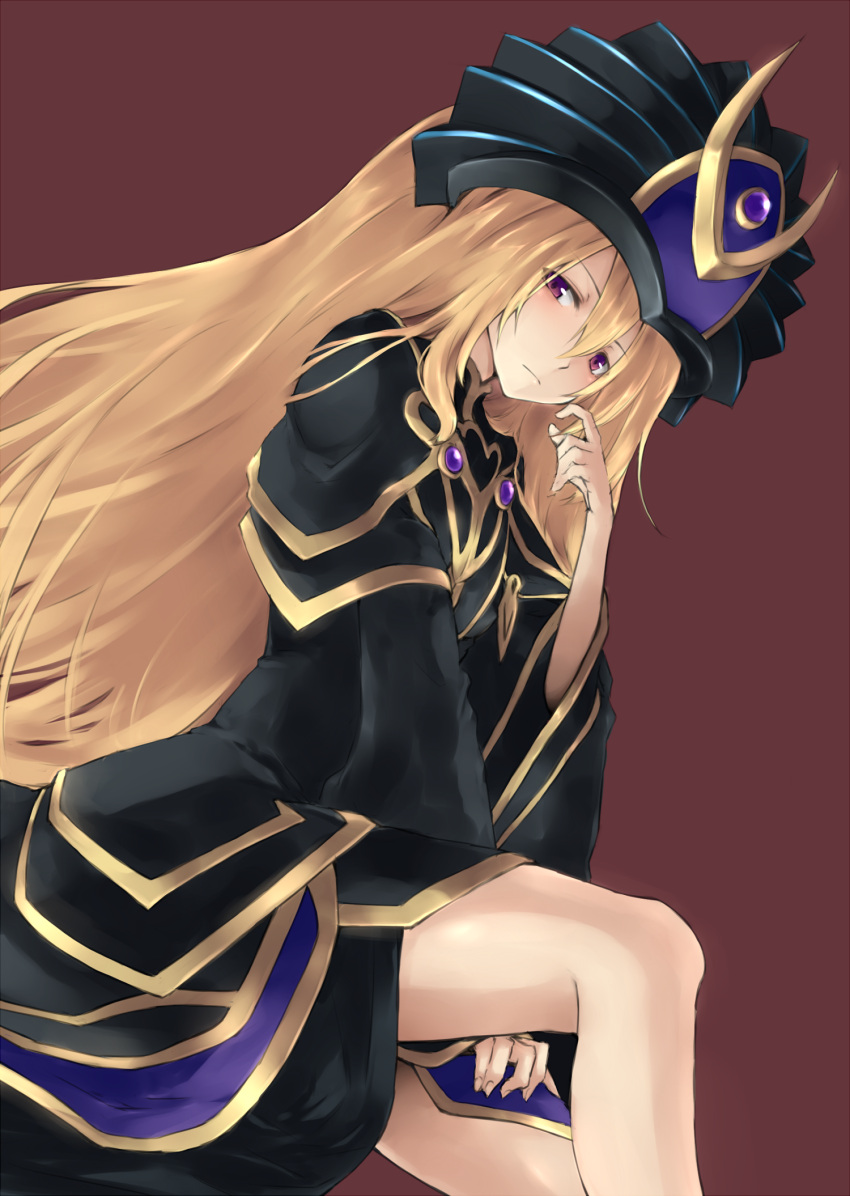 1girl blonde_hair brown_background dark_doriado dress duel_monster hat highres legs long_hair rr_(rr2) sitting solo violet_eyes yu-gi-oh!