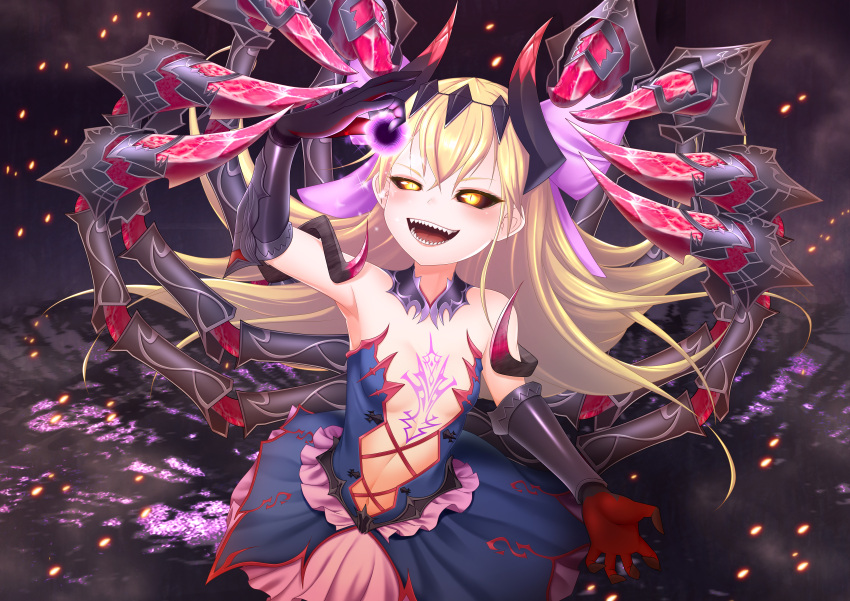 1girl :d absurdres bare_shoulders black_gloves black_sclera blonde_hair bow chest_tattoo commentary_request dress flat_chest gloves hair_bow highres horns huge_filesize king's_raid long_hair open_mouth otomix sharp_teeth slit_pupils smile solo tattoo teeth vambraces yellow_eyes