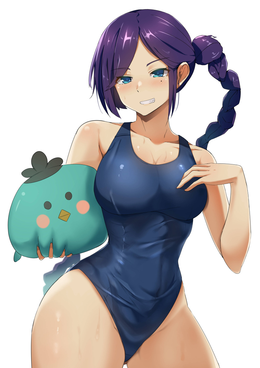 1girl absurdres blue_eyes blue_swimsuit braid chinese_commentary commentary_request cowboy_shot grin highres long_hair looking_at_viewer mole mole_under_eye original panties purple_hair school_swimsuit side-tie_panties simple_background single_braid smile solo stuffed_toy swimsuit underwear white_background xperiajoker