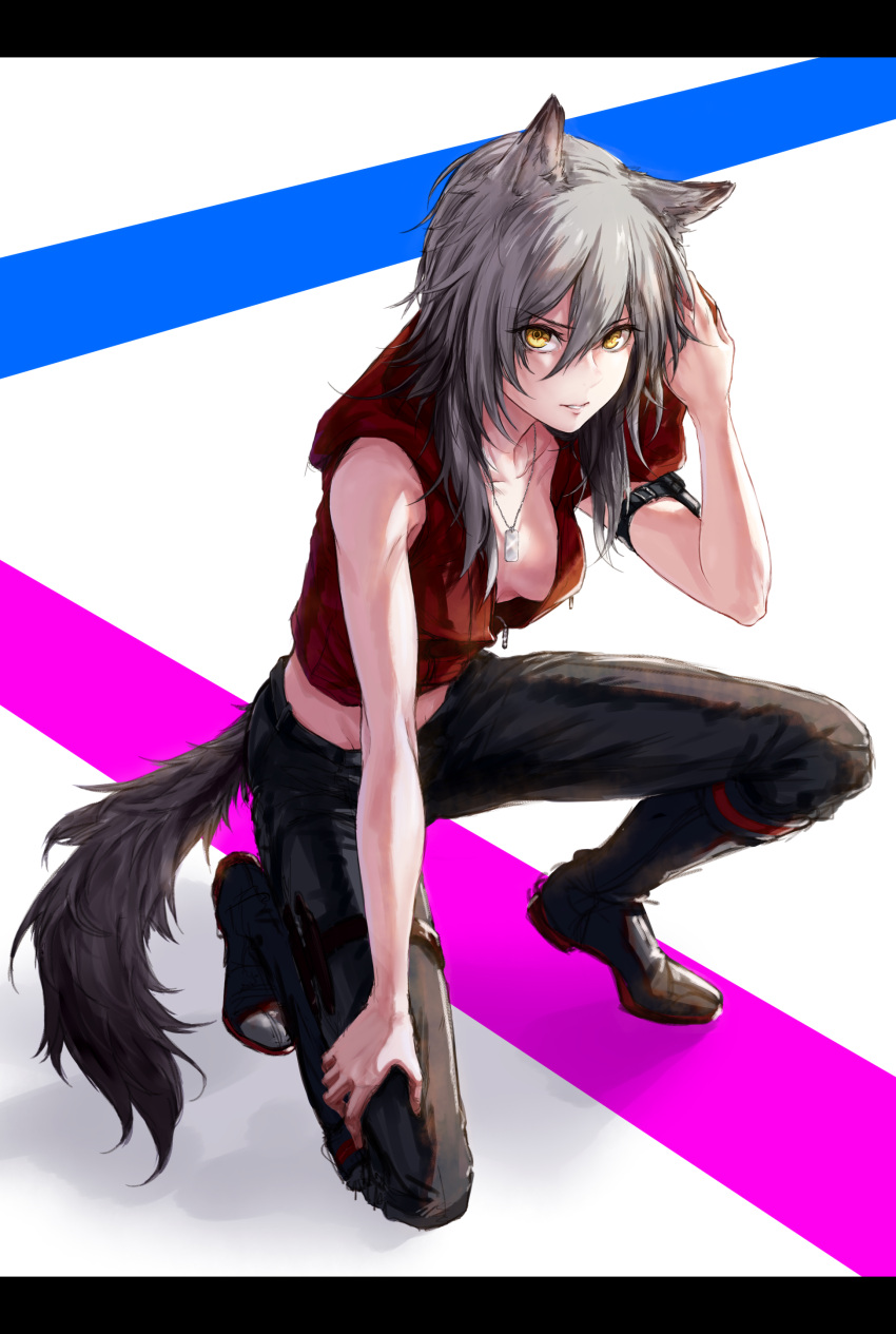 1girl absurdres animal_ears arknights bangs bare_arms bare_shoulders black_pants breasts commentary_request crop_top dog_tags hair_between_eyes hand_up highres jacket letterboxed long_hair looking_at_viewer medium_breasts midriff pants partial_commentary projekt_red_(arknights) red_jacket shadow shenyehuoyuan shoes silver_hair sleeveless sleeveless_jacket solo tail white_background wolf_ears wolf_tail yellow_eyes