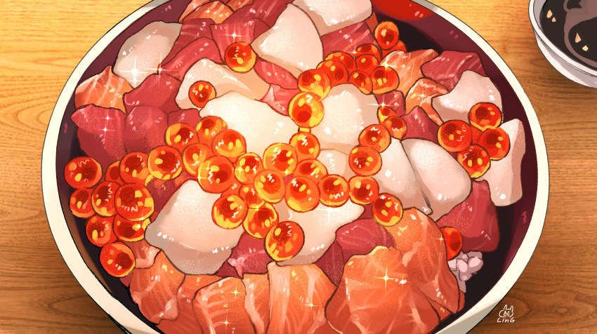 artist_name bowl food highres meat no_humans p-pigling plate rice_bowl roe sashimi soy_sauce table