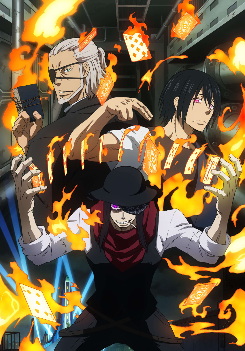 3boys absurdres beard black_hair book card cigarette en'en_no_shouboutai evil_grin evil_smile eyepatch facial_hair glowing glowing_eyes grey_hair grin hat highres joker_(en'en_no_shouboutai) leonard_burns looking_at_viewer male_focus multiple_boys official_art playing_card shinmon_benimaru short_sleeves sleeves_rolled_up smile symbol-shaped_pupils vest violet_eyes