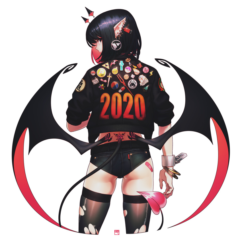 1girl 2020 absurdres ass bandaid black_hair black_legwear blue_submarine_no_6 demon_tail demon_wings ear_piercing earrings from_behind highres jacket jewelry lance_of_longinus lightning_bolt looking_at_viewer looking_back low_wings master_sword micro_shorts mutio neon_genesis_evangelion original piercing pointy_ears poke_ball poke_ball_(basic) pokemon print_jacket profile short_hair shorts solo tail the_legend_of_zelda thigh-highs torn_clothes torn_legwear triforce wings yan_wan