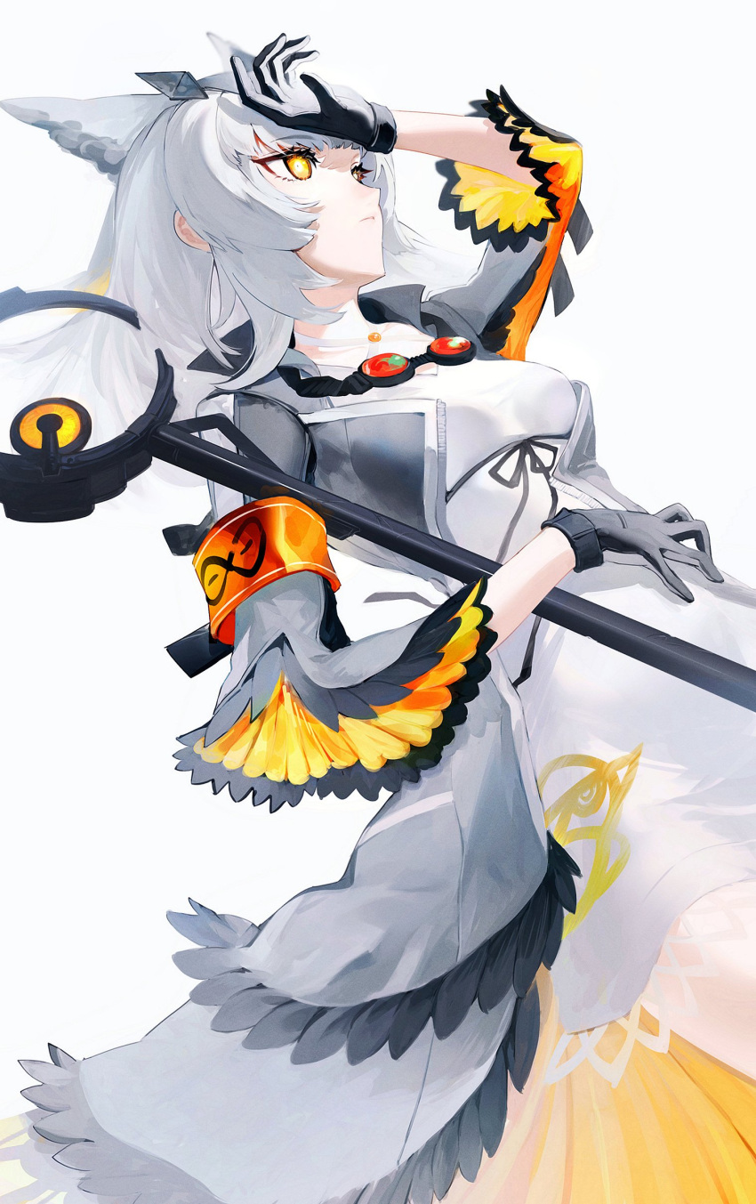 absurdres arknights black_gloves dress expressionless gloves goggles goggles_around_neck highres hoojiro long_hair looking_up owl_ears ptilopsis_(arknights) rhine_lab_logo staff white_dress white_hair yellow_eyes