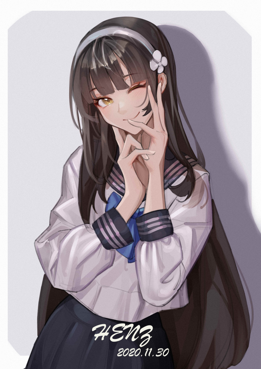 1girl absurdres artist_name black_hair black_skirt blue_neckwear blush bow bowtie dated eyebrows_visible_through_hair flower girls_frontline hair_flower hair_ornament hairband hands_on_own_face henz highres long_hair looking_at_viewer one_eye_closed qbz-95_(girls_frontline) sailor_collar school_uniform serafuku shirt simple_background skirt smile solo white_shirt yellow_eyes