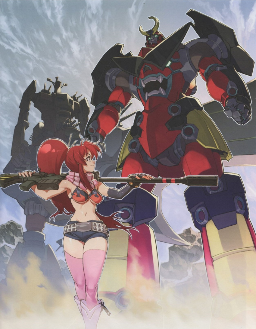 belt boots bra breasts dai-gurren gainax gun gurren-lagann highres large_breasts long_hair mecha official_art ponytail redhead rifle scan sky smoke sniper_rifle tengen_toppa_gurren_lagann thick_thighs thighs underwear weapon yoko_littner