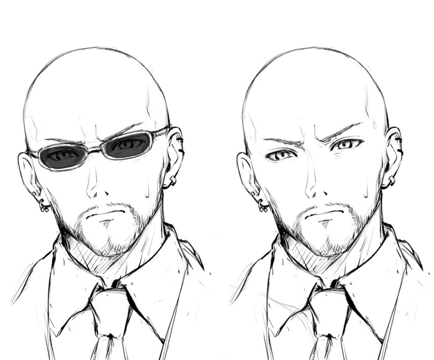 1boy bald beard closed_mouth collared_shirt commentary_request earrings face facial_hair final_fantasy final_fantasy_vii final_fantasy_vii_remake formal greyscale jacket jewelry looking_at_viewer male_focus mondi_hl monochrome multiple_views necktie rude_(ff7) shirt suit sunglasses sweatdrop
