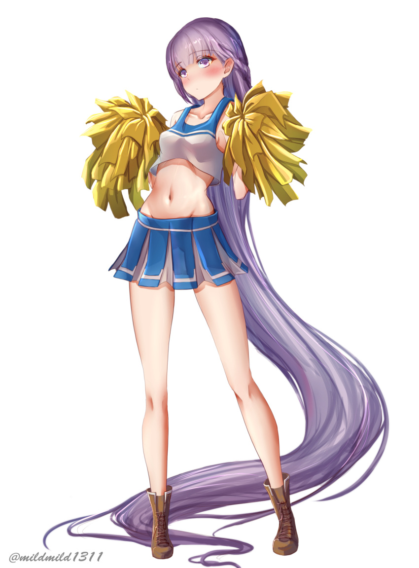 1girl absurdly_long_hair bare_shoulders blush breasts cheerleader clear_glass_(mildmild1311) collarbone crop_top fire_emblem fire_emblem:_the_binding_blade groin highres holding holding_pom_poms long_hair midriff miniskirt navel pleated_skirt pom_poms purple_hair shirt shoes simple_background skirt sleeveless sleeveless_shirt small_breasts solo sophia_(fire_emblem) stomach twitter_username very_long_hair violet_eyes white_background
