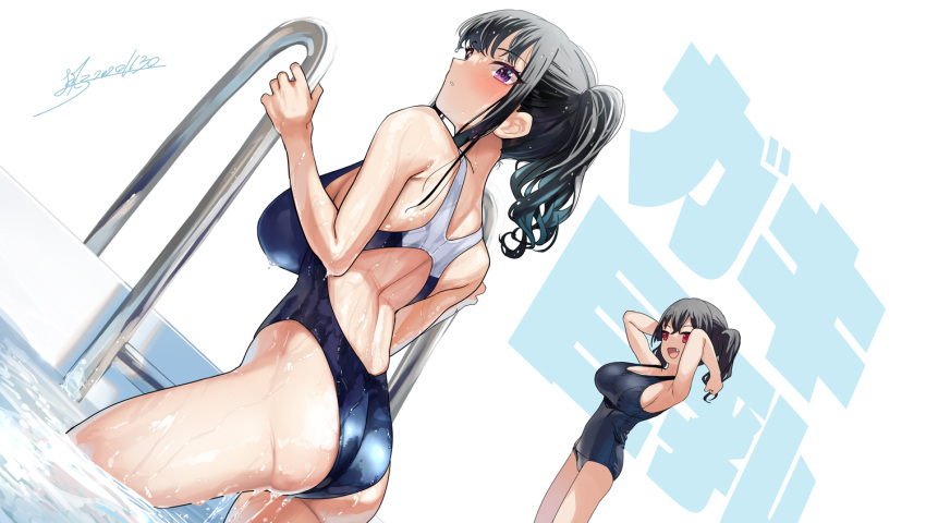 2girls ass blue_swimsuit breasts competition_swimsuit highleg highleg_swimsuit kaedeko_(kaedelic) large_breasts multiple_girls one-piece_swimsuit ponytail pool saki_sasaki_(kaedeko) school_swimsuit swimsuit twintails wet wet_clothes wet_swimsuit