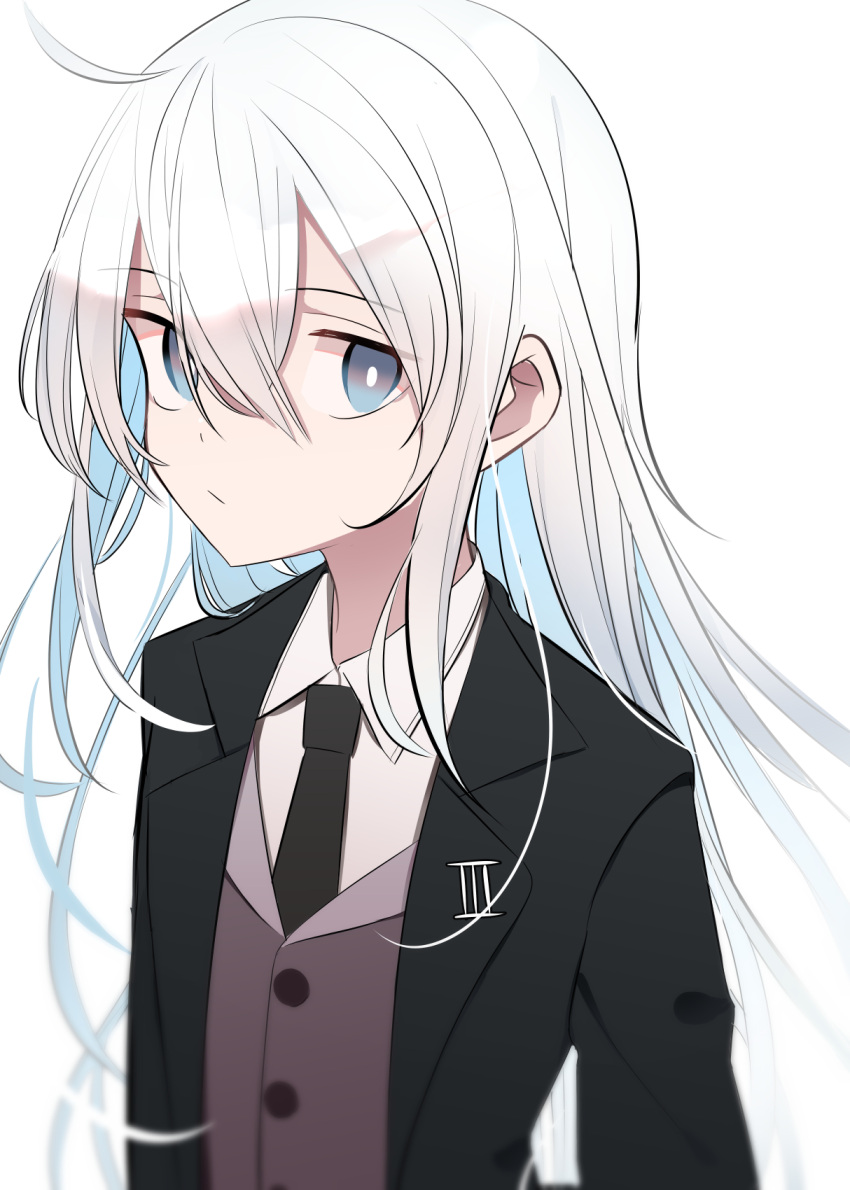 1girl alternate_costume black_neckwear blue_eyes buttons closed_mouth collared_shirt eyebrows_visible_through_hair formal hair_between_eyes hibiki_(kantai_collection) highres kantai_collection long_hair long_sleeves necktie shirt silver_hair simple_background solo suit tetuw upper_body white_background white_shirt