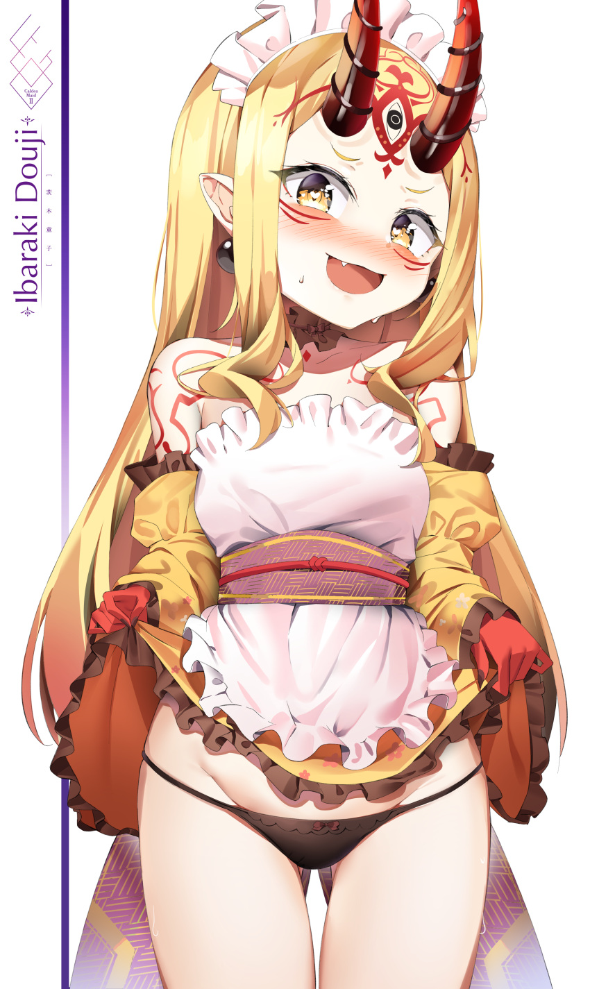 1girl absurdres alternate_costume apron black_panties blonde_hair blush breasts character_name cowboy_shot earrings enmaided facial_mark fate/grand_order fate_(series) fingernails forehead_mark frilled_apron frills highres horns ibaraki_douji_(fate/grand_order) japanese_clothes jewelry kimono lifted_by_self long_hair lowleg lowleg_panties maid maid_apron maid_headdress nose_blush obi oni oni_horns panties pointy_ears sash sharp_fingernails small_breasts sog-igeobughae solo standing tattoo underwear wa_maid white_apron yellow_eyes yellow_kimono