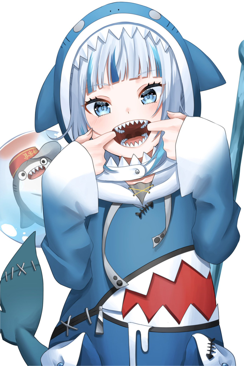 1girl abo_leen animal_hood bangs bloop_(gawr_gura) blue_eyes blue_hair blue_hoodie blunt_bangs blush cheek_pull commentary cowboy_shot english_commentary eyebrows_visible_through_hair fangs fish_tail gawr_gura highres hololive hololive_english hood hoodie looking_at_viewer medium_hair multicolored_hair open_mouth shark_hood shark_tail sharp_teeth silver_hair simple_background smile streaked_hair tail teeth two-tone_hair virtual_youtuber white_background