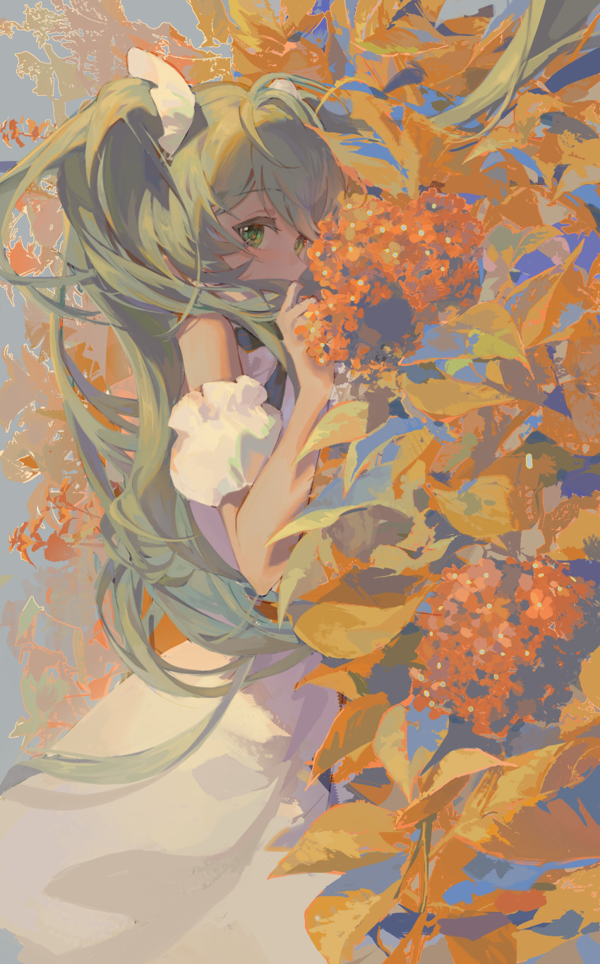 1girl absurdres aqua_hair armband bangs blue_bow blush bow covered_mouth dress eyebrows_visible_through_hair feet_out_of_frame flower foliage frilled_armband frills green_eyes hair_ornament hand_up hatsune_miku highres hlymoriia leaf long_hair outdoors sidelocks solo standing swept_bangs twintails very_long_hair vocaloid white_dress
