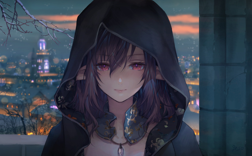 1girl bangs blurry blurry_background brown_hair city_lights closed_mouth commentary_request hair_between_eyes highres hood hood_up jewelry long_hair looking_at_viewer necklace original outdoors pillar pink_eyes pointy_ears red_eyes solo tree_branch umiu_geso upper_body