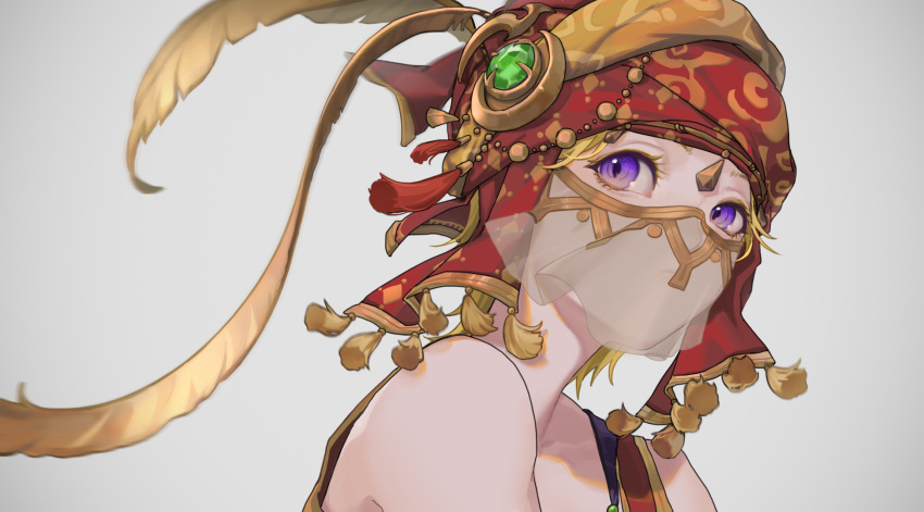 1girl bare_shoulders blonde_hair closed_mouth eyelashes facing_away feathers final_fantasy final_fantasy_xiv frown highres looking_away looking_to_the_side miqo'te short_hair slit_pupils solo tassel turban upper_body veil violet_eyes yellow_feathers yoshikyuu
