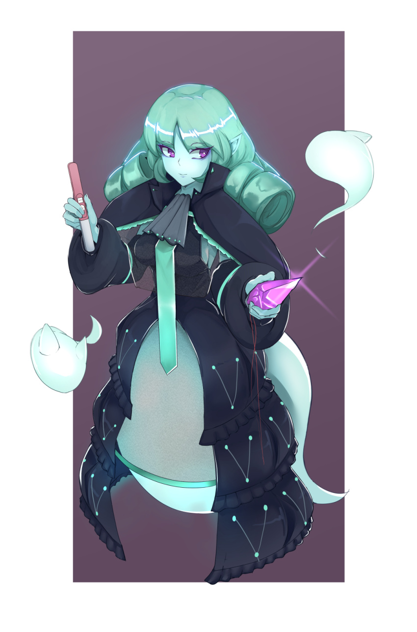 1girl bangs black_dress breasts crystal dress eyebrows_visible_through_hair full_body ghost green_hair highres looking_to_the_side medium_breasts medium_hair monster_girl nanostar original parted_bangs pointy_ears pregnancy_test smile solo violet_eyes