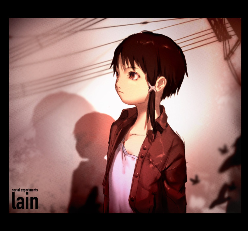 1girl asymmetrical_hair brown_eyes brown_hair closed_mouth hair_ornament hairclip highres ice159cream iwakura_lain jacket serial_experiments_lain short_hair solo x_hair_ornament