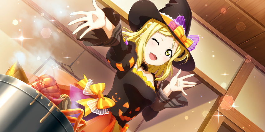 blonde_hair blush dress halloween hat love_live!_school_idol_festival_all_stars ohara_mari short_hair smile wink yellow_eyes