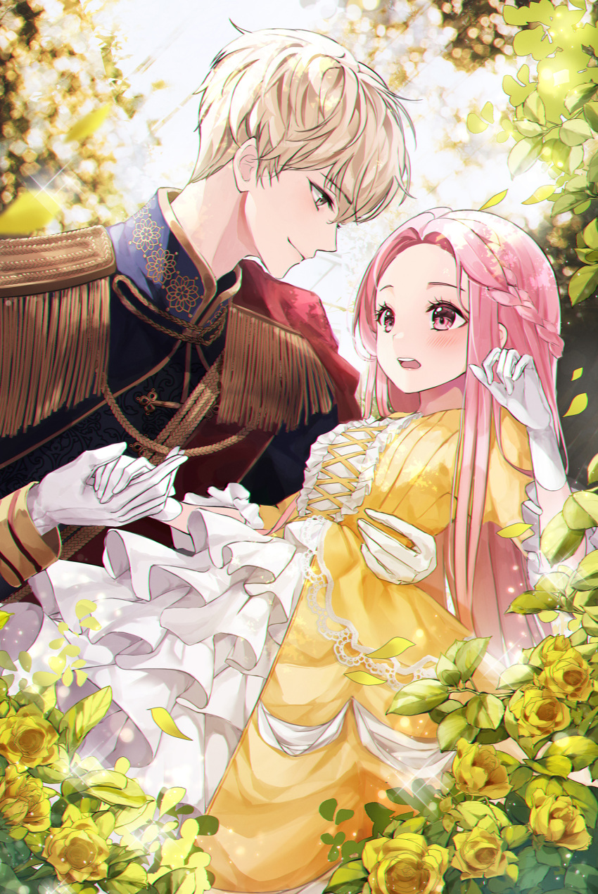 1boy 1girl arm_up bangs black_coat blonde_hair braid carrying_under_arm coat couple dress epaulettes eumi_114 fantasy flower frilled_dress frills gloves highres holding_hands long_hair long_sleeves looking_at_another nature open_mouth original outdoors parted_bangs pink_eyes pink_hair short_hair sidelocks smile tongue uniform upper_teeth white_gloves yellow_dress yellow_eyes yellow_flower