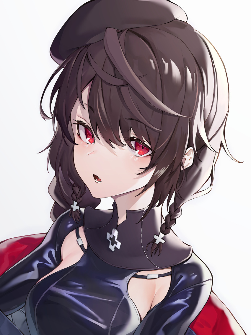 1girl absurdres azur_lane bangs beret black_dress black_headwear black_jacket braid breasts brown_hair commentary cross_hair_ornament dress eyebrows_visible_through_hair hair_between_eyes hair_ornament hat highres huge_filesize iron_cross jacket kabi_(zcwd8845) looking_at_viewer lower_teeth medium_breasts off-shoulder_jacket official_alternate_costume open_mouth red_eyes ribbon short_braid short_hair sideboob sidelocks simple_background solo twin_braids upper_body white_background z2_georg_thiele_(azur_lane) z2_georg_thiele_(unique_everyday_scenery)_(azur_lane)