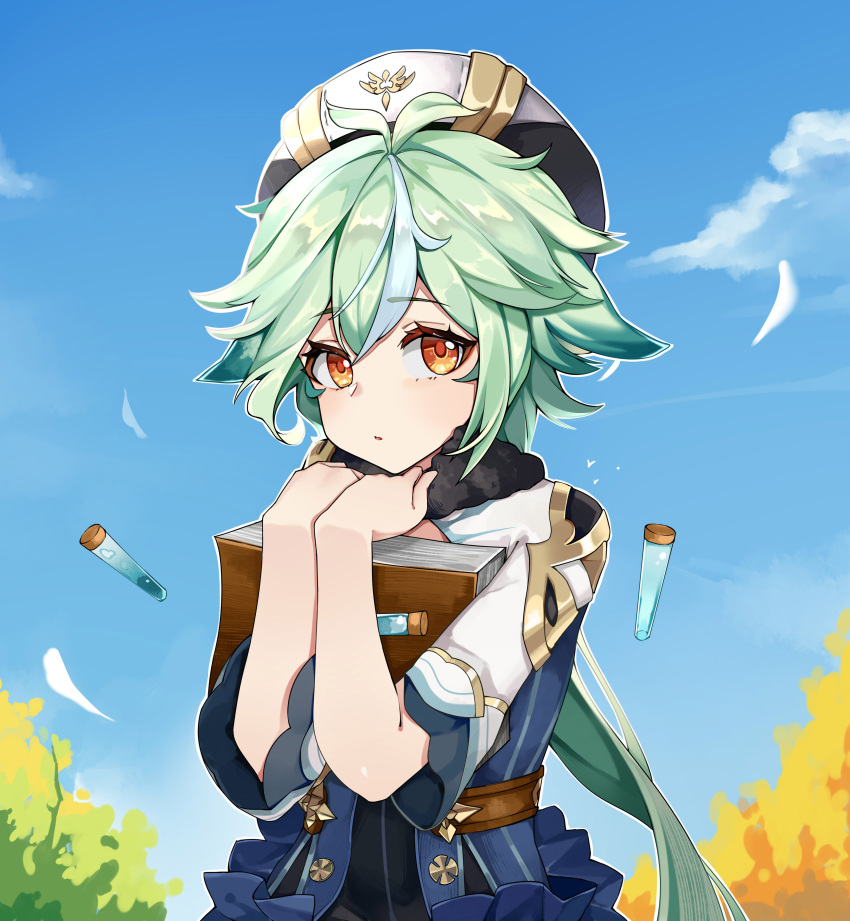 1girl absurdres animal_ears antenna_hair beret blue_dress blue_hair blue_sky book breasts cat_ears cat_girl clouds day dress eyebrows_visible_through_hair fur_collar genshin_impact gold_trim green_hair hair_between_eyes hat highres holding holding_book kemile long_sleeves looking_at_viewer multicolored_hair orange_eyes outdoors ponytail sky solo streaked_hair sucrose_(genshin_impact) tree upper_body vial
