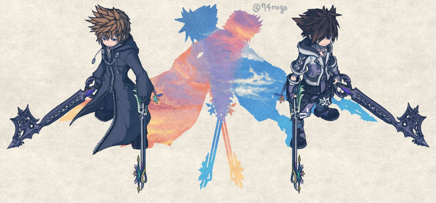 2boys 74nogo black_coat black_coat_(kingdom_hearts) black_gloves blonde_hair blue_eyes brown_hair coat fingerless_gloves gloves hair_over_one_eye hood hooded_coat hoodie jewelry keyblade kingdom_hearts kingdom_hearts_iii multiple_boys necklace oathkeeper oblivion_(keyblade) roxas shadow smile sora_(kingdom_hearts) spiky_hair standing twitter_username