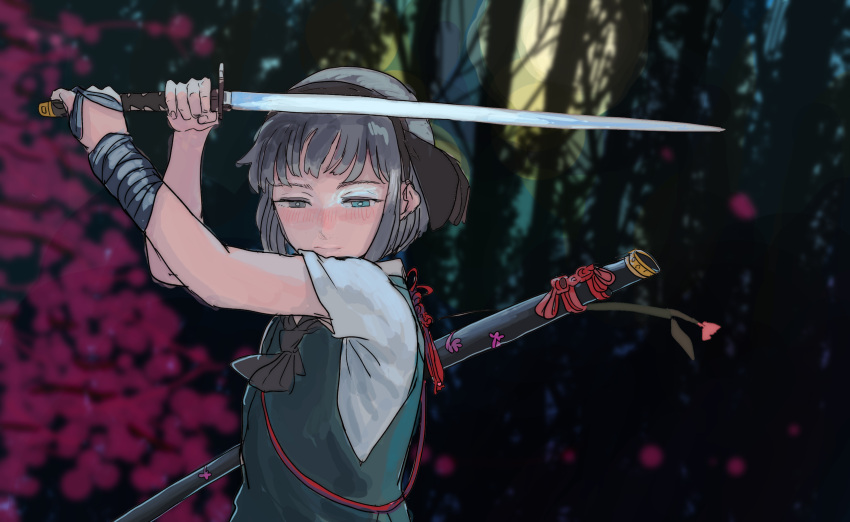 1girl 3735geriragouki arms_up ascot black_hairband black_neckwear black_ribbon blurry blush bob_cut bright_pupils closed_mouth commentary_request fighting_stance floral_print flower green_vest hair_ribbon hairband half-closed_eyes highres holding holding_sword holding_weapon katana konpaku_youmu looking_down moon night night_sky ribbon shirt short_hair silver_hair sky solo sword touhou tree upper_body vest weapon white_shirt wrist_wrap