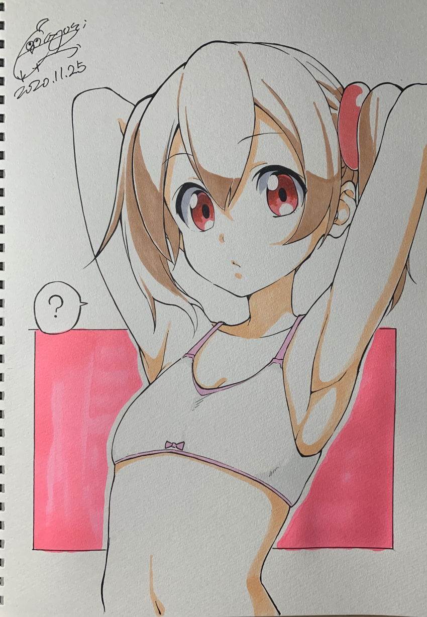 ? absurdres armpits arms_up bra brown_hair cototiworld dated eyebrows_visible_through_hair flat_chest hair_between_eyes hair_ornament highres looking_at_viewer navel red_eyes scan short_hair signature silica spoken_question_mark sword_art_online traditional_media twintails underwear upper_body white_bra