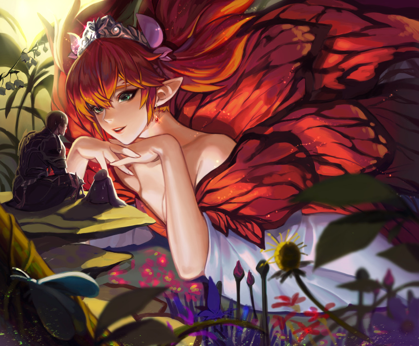 1boy 1other absurdres butterfly_wings dark_knight_(final_fantasy) dress earrings fairy fairy_wings feo_ul final_fantasy final_fantasy_xiv green_eyes highres jewelry on_(isk1812) open_mouth orange_hair plant pointy_ears smile tiara titania_(final_fantasy) wings