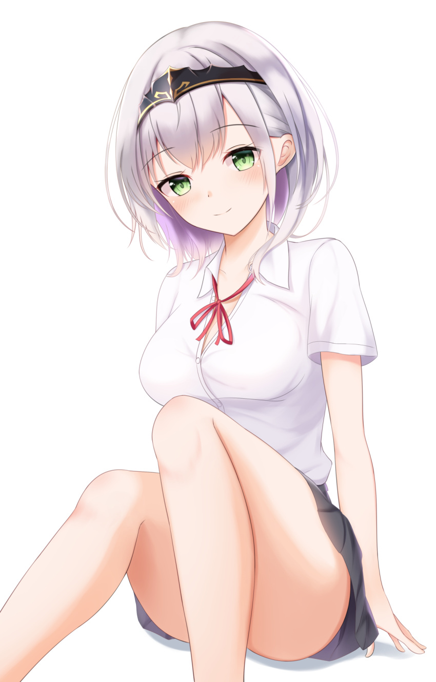 1girl bare_legs black_headwear blush breasts green_eyes grey_skirt highres hololive large_breasts looking_at_viewer michizane_sgawl neck_ribbon red_neckwear ribbon school_uniform shirogane_noel shirt short_hair silver_hair simple_background sitting skirt smile solo tiara virtual_youtuber white_background white_shirt