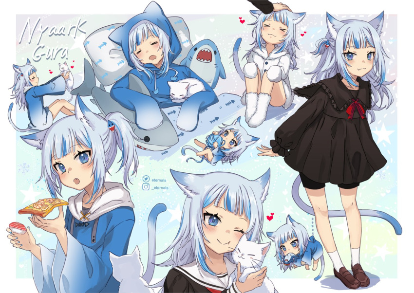 animal_ears animal_hood bangs blue_eyes blue_hair blunt_bangs blush cat cat_ears cat_girl cat_tail closed_eyes fish_bone gawr_gura hololive hololive_english hood hoodie long_hair looking_at_viewer medium_hair multicolored_hair open_mouth petting shark silver_hair sitting sleeping smile streaked_hair stuffed_animal stuffed_toy symbol_commentary tail ten-chan_(eternal_s) two_side_up virtual_youtuber yarn yarn_ball zzz