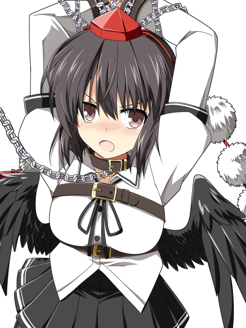 1girl arms_up belt black_hair black_neckwear black_skirt blush bound breasts brown_eyes chain collar hat highres looking_at_viewer neck_ribbon open_mouth pleated_skirt pom_pom_(clothes) red_headwear ribbon rise_(rise19851203) shameimaru_aya simple_background skirt solo tokin_hat touhou white_background wings