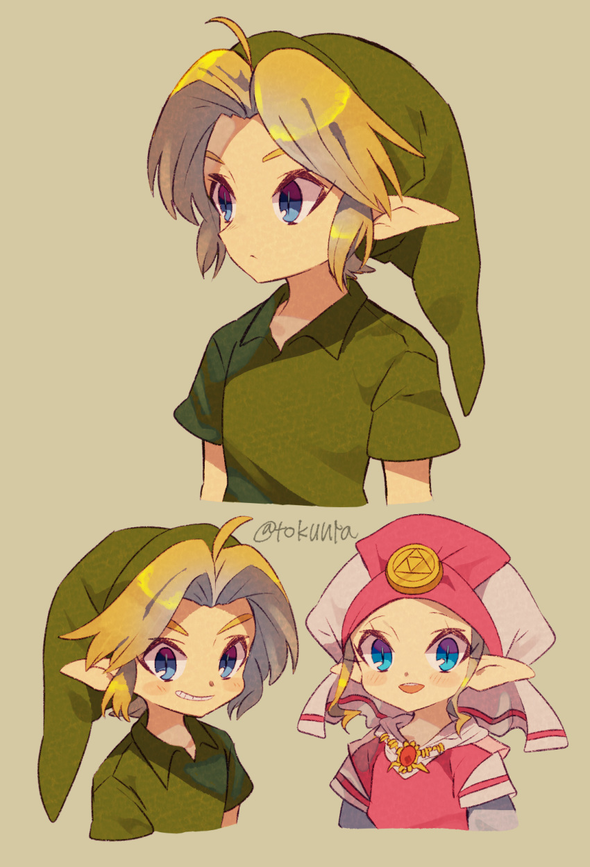 1boy 1girl ahoge artist_name blonde_hair blue_eyes closed_mouth collared_shirt commentary_request eyelashes green_headwear green_shirt grey_background hat highres jewelry link looking_at_viewer multiple_views open_mouth pointy_ears princess_zelda shirt short_sleeves sidelocks smile teeth the_legend_of_zelda tokuura triforce watermark