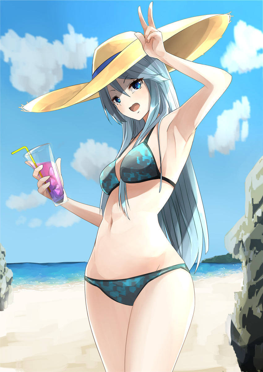 1girl arm_up armpits bangs beach bikini blue_bikini blue_eyes blue_sky breasts clouds cloudy_sky commentary cowboy_shot cup day drinking_glass drinking_straw flint_(girls_und_panzer) girls_und_panzer hat highres holding holding_cup horizon kakimoto_nao long_hair looking_at_viewer medium_breasts navel open_mouth outdoors silver_hair sky smile solo standing straw_hat sun_hat swimsuit v yellow_headwear
