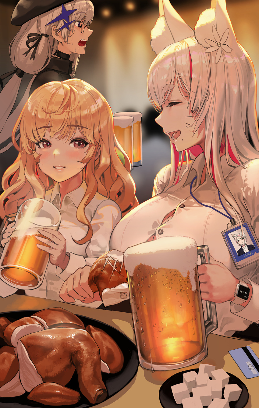 3girls alcohol animal_ears beer beer_mug bird blonde_hair blurry blurry_background blush breasts chicken cup destiny_child fox_ears fox_girl glasses highres large_breasts metis_(destiny_child) mug multicolored_hair multiple_girls office_lady pickle radish smile sweat tamamo_(destiny_child) two-tone_hair whisker_markings white_hair zig90