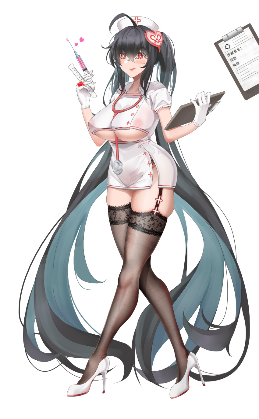 1girl absurdly_long_hair absurdres ahoge alternate_costume artist_request azur_lane black_hair black_legwear black_panties breasts covered_nipples dress full_body garter_straps gloves hat heart heart-shaped_pupils high_heels highres holding holding_syringe large_breasts long_hair looking_at_viewer microdress no_bra nurse nurse_cap panties red_eyes shoes simple_background skindentation solo symbol-shaped_pupils syringe taihou_(azur_lane) tongue tongue_out under_boob underwear very_long_hair white_background white_dress white_footwear white_gloves
