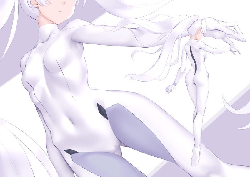 1girl ass ass_visible_through_thighs bodysuit breasts character_request collarbone commentary_request covered_navel full_body gloves highres jilu long_hair multiple_views outstretched_arm parted_lips ponytail punishing:_gray_raven silver_hair skin_tight small_breasts two-tone_background very_long_hair white_bodysuit white_gloves