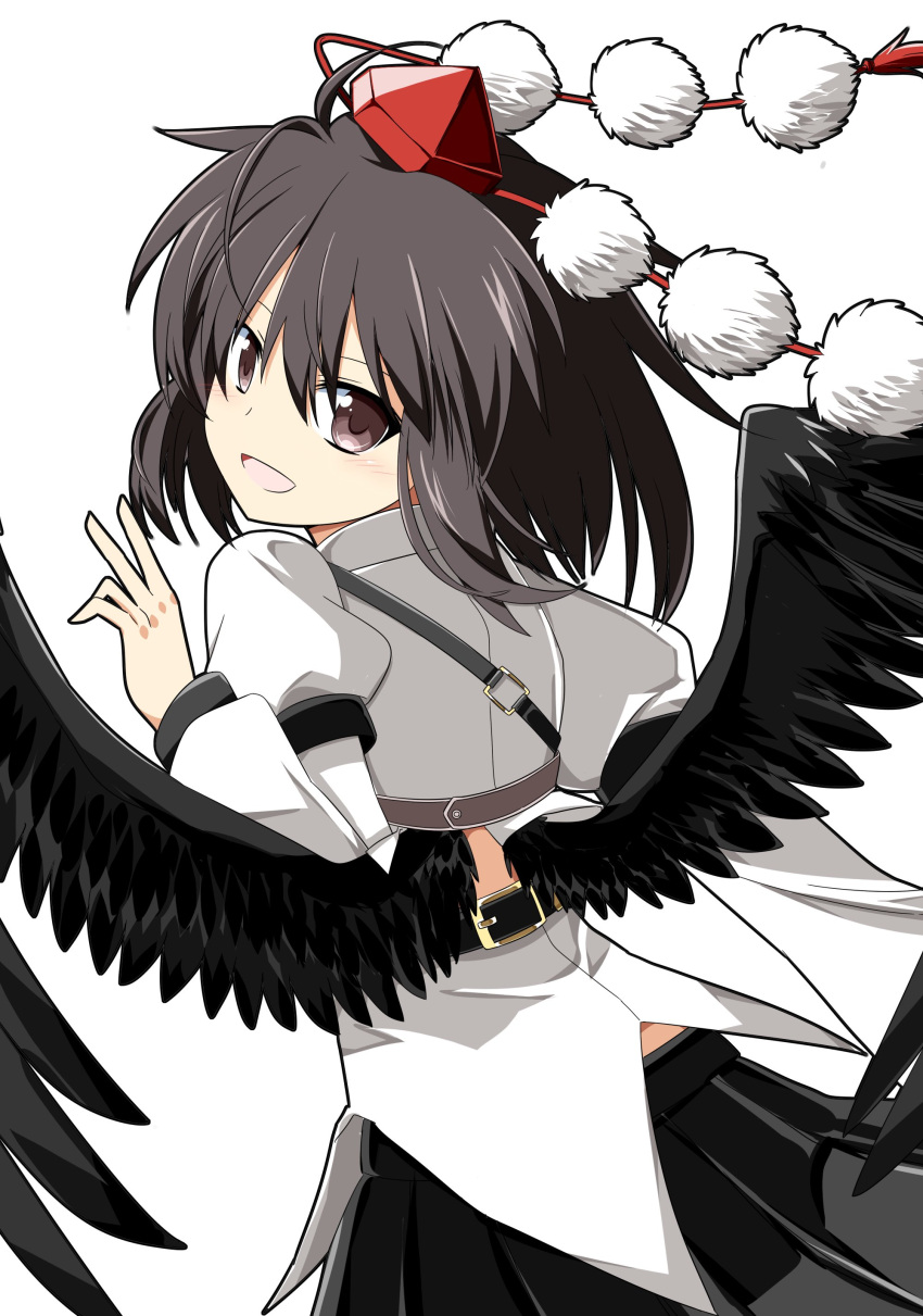 1girl absurdres back_cutout belt black_hair brown_eyes clothing_cutout hat highres long_sleeves looking_back open_mouth pleated_skirt pom_pom_(clothes) red_headwear rise_(rise19851203) shameimaru_aya simple_background skirt solo tokin_hat touhou white_background wings