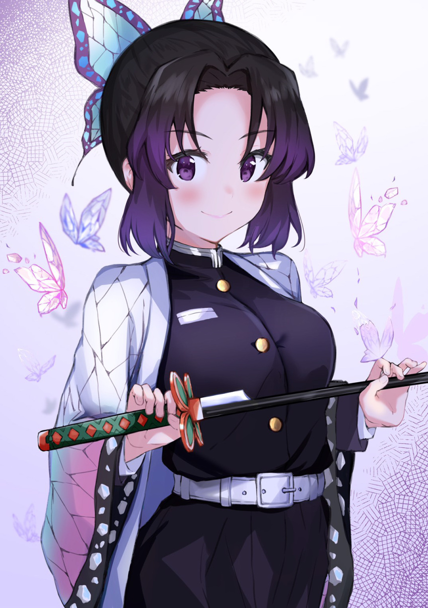 &gt;:) 1girl auui bangs belt belt_buckle black_hair black_jacket black_pants blush breasts buckle bug butterfly butterfly_hair_ornament closed_mouth commentary_request gradient_hair hair_ornament highres holding holding_sword holding_weapon insect jacket katana kimetsu_no_yaiba kochou_shinobu long_sleeves multicolored_hair open_clothes pants parted_bangs purple_hair small_breasts smile solo sword v-shaped_eyebrows violet_eyes weapon white_belt wide_sleeves