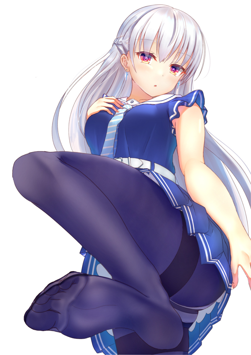 1girl :o absurdres bangs bare_arms belt belt_buckle berkut_(girly_air_force) blue_neckwear blue_shirt blue_skirt braid buckle collarbone commentary dodo_(purofu_hitsudoku) earrings eyebrows_visible_through_hair feet fingernails french_braid girly_air_force highres jewelry leg_up long_hair looking_at_viewer necktie no_shoes panties panties_under_pantyhose pantyhose pink_eyes pleated_skirt purple_legwear shirt short_sleeves silver_hair skirt soles striped striped_neckwear toes transparent_background underwear white_belt