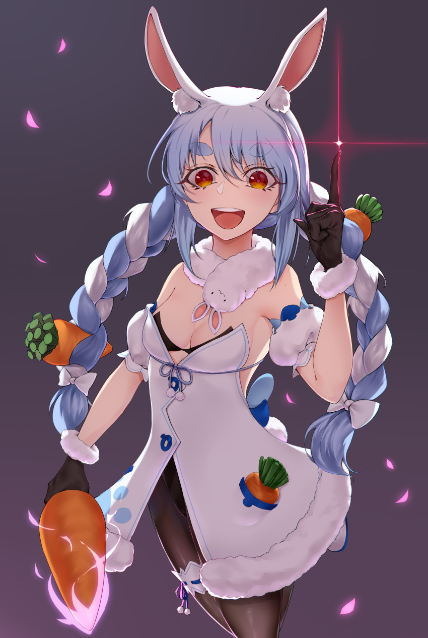 1girl :d absurdres animal_ear_fluff animal_ears bangs bare_shoulders black_gloves black_leotard blue_hair bow braid brown_legwear carrot carrot_hair_ornament commentary_request detached_sleeves don-chan_(usada_pekora) dress endercraft eyebrows_visible_through_hair food food_themed_hair_ornament fur-trimmed_dress fur-trimmed_gloves fur_trim gloves glowing hair_between_eyes hair_bow hair_ornament hand_up highres holding holding_food hololive index_finger_raised leotard long_hair looking_at_viewer multicolored_hair open_mouth pantyhose petals puffy_short_sleeves puffy_sleeves rabbit_ears red_eyes round_teeth short_eyebrows short_sleeves smile strapless strapless_dress strapless_leotard teeth thick_eyebrows twin_braids twintails two-tone_hair upper_teeth usada_pekora very_long_hair virtual_youtuber white_bow white_dress white_hair white_sleeves