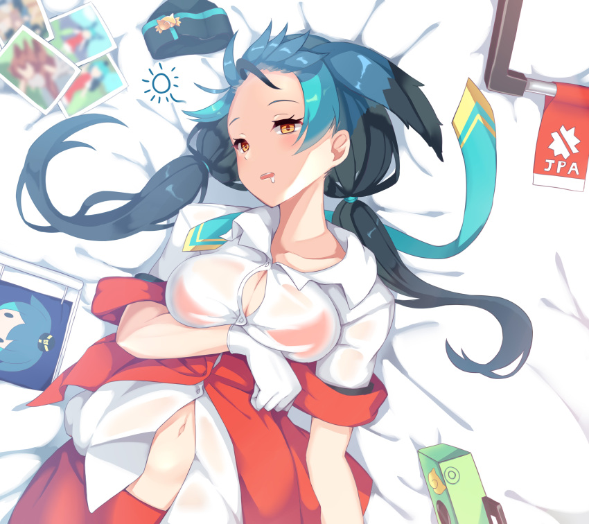 1girl absurdres arm_under_breasts bed_sheet black_hair blue_hair breasts button_gap commentary_request drooling from_above gloves hat hat_removed headwear_removed highres kemono_friends large_breasts long_hair looking_at_viewer low_twintails lying multicolored_hair navel on_back open_mouth orange_eyes passenger_pigeon_(kemono_friends) photo_(object) pikunoma saliva see-through shirt short_sleeves solo twintails waking_up white_gloves white_shirt wing_collar