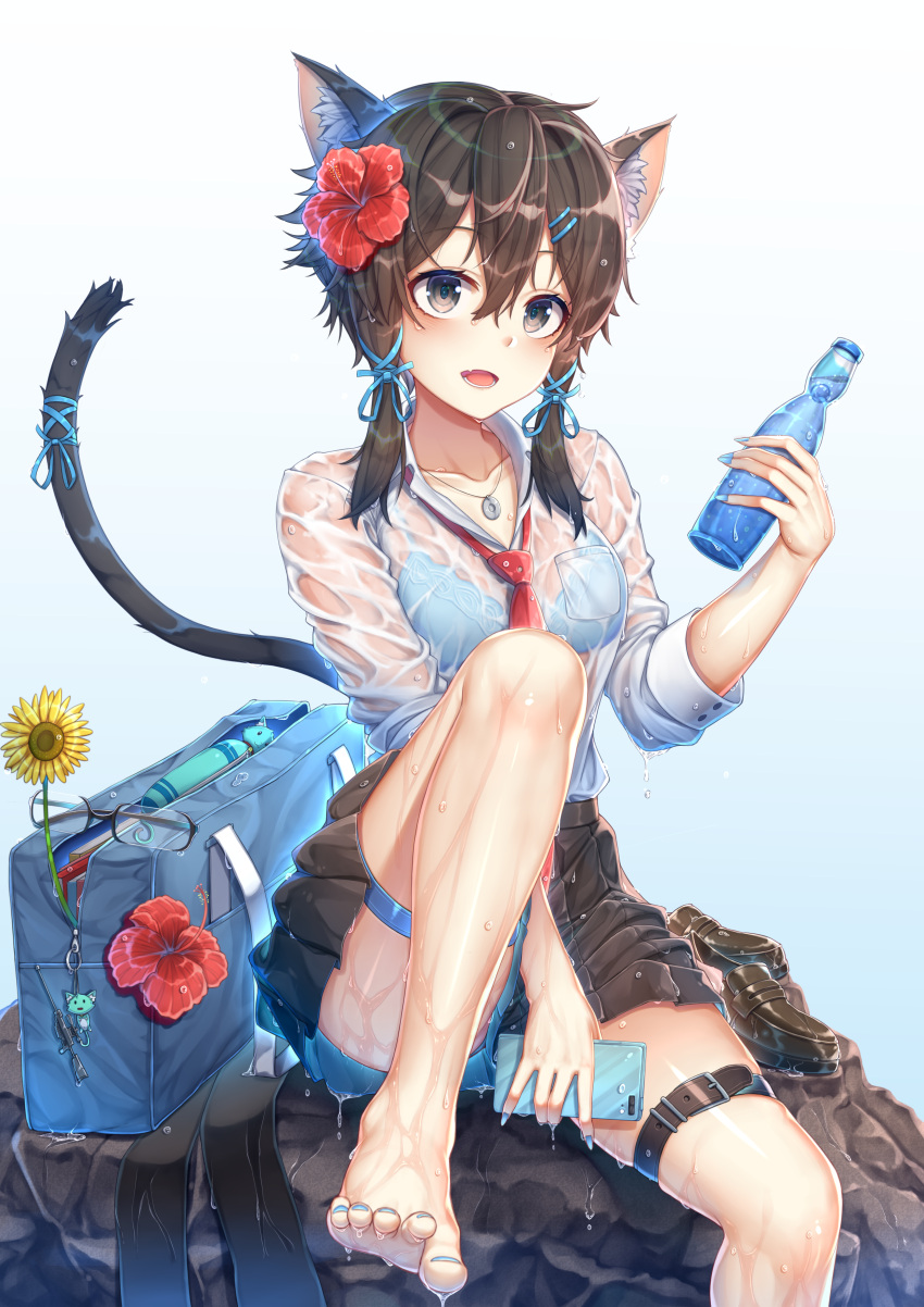 1girl absurdres animal_ear_fluff animal_ears bag bangs barefoot blue_bra blue_nails blue_ribbon blue_skirt book bottle bra bra_through_clothes breast_pocket breasts brown_footwear brown_skirt cat_ears cat_girl cat_tail character_request check_character collarbone collared_shirt commentary eyewear_removed fang flower glasses hair_between_eyes hair_flower hair_ornament hair_ribbon hairclip hibiscus highres holding holding_bottle jewelry kishita_yuu knee_up long_hair long_sleeves looking_at_viewer lower_teeth miniskirt necklace necktie open_mouth pantyhose pantyhose_removed pleated_skirt pocket ramune red_flower red_neckwear ribbon rock school_bag see-through shirt shoes_removed sinon sitting skirt smile solo sunflower sword_art_online tail tail_ornament tail_ribbon thigh_strap toenail_polish toes two-sided_fabric two-sided_skirt underwear water wet wet_clothes wet_hair wet_shirt white_shirt