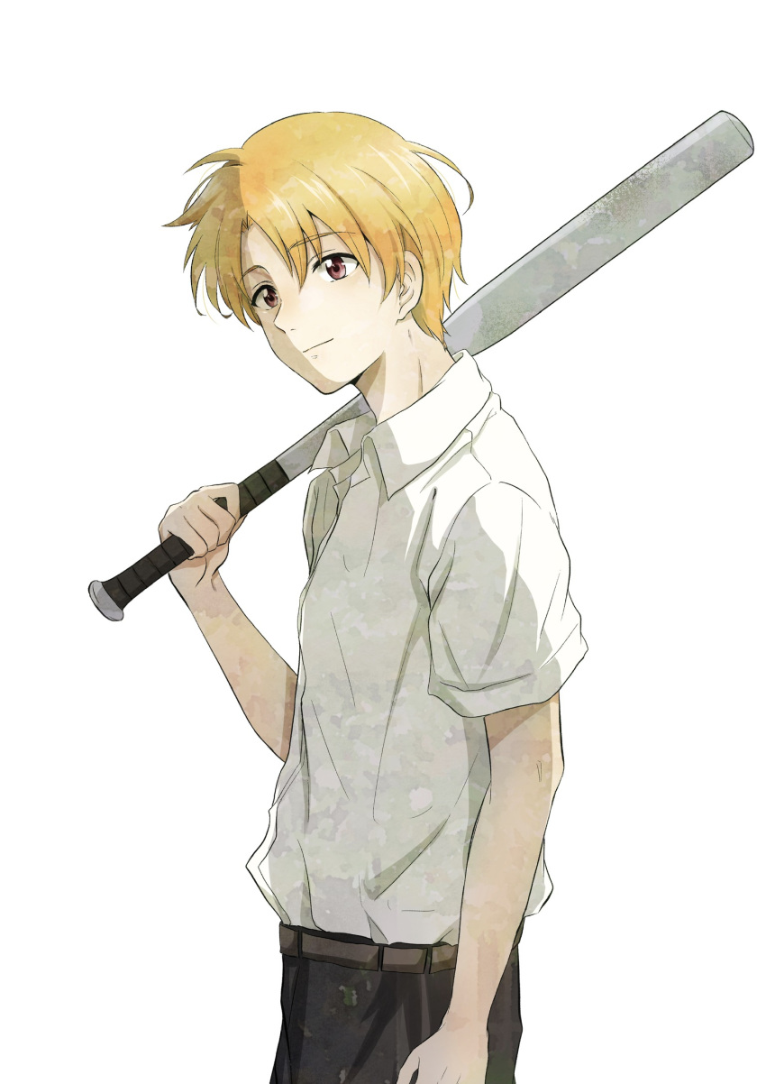 1boy bangs baseball_bat belt blonde_hair brown_eyes closed_mouth collared_shirt cowboy_shot hair_between_eyes highres higurashi_no_naku_koro_ni holding holding_baseball_bat houjou_satoshi light_smile male_focus pants shirt shirt_tucked_in short_sleeves shosudo simple_background solo standing white_background white_shirt