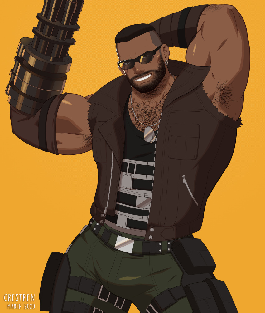 1boy absurdres armpit_hair arms_up artist_name barret_wallace beard black_hair bracer brown_jacket crestren dark_skin dark_skinned_male dog_tags ear_piercing facial_hair final_fantasy final_fantasy_vii fingerless_gloves gloves green_pants gun highres jacket jewelry looking_at_viewer machine_gun mechanical_arm muscle necklace pants piercing pocket pouch sleeveless smile standing sunglasses thigh_strap weapon yellow_background