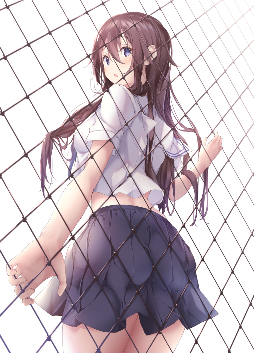 1girl :o absurdres against_fence ass ass_press back blue_eyes blush breasts brown_hair chain-link_fence fence from_behind hair_between_eyes hand_up highres holding long_hair looking_at_viewer looking_back midriff original pleated_skirt sailor_collar school_uniform serafuku short_sleeves skirt solo standing ukiwakisen