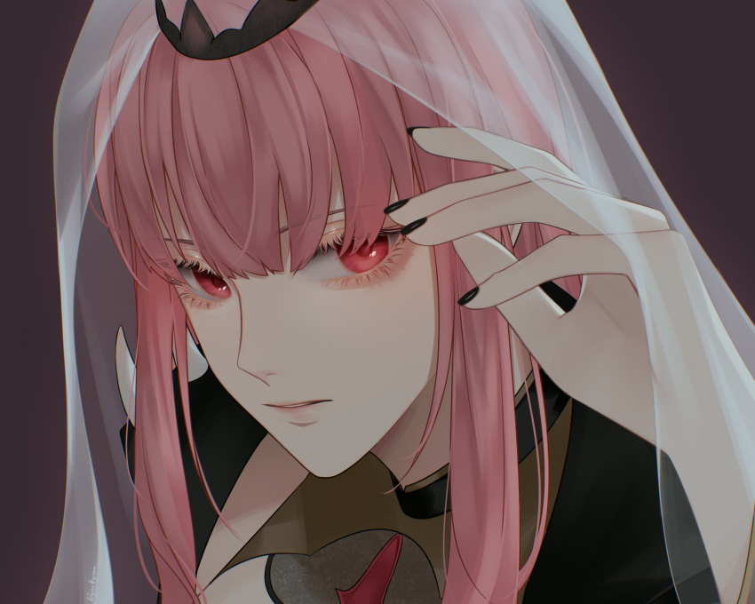 1girl bangs black_nails blunt_bangs brown_background close-up english_commentary eyebrows_visible_through_hair highres hololive hololive_english kiyukyuu looking_to_the_side mori_calliope parted_lips pink_eyes pink_hair solo spikes tiara veil virtual_youtuber