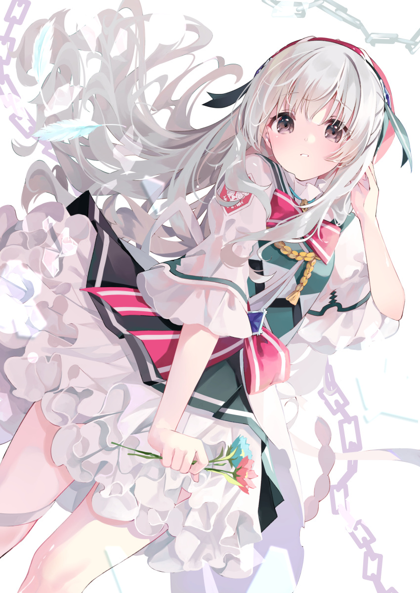 1girl absurdres adjusting_hair arcaea bangs blue_flower bow bowtie chain cowboy_shot dress eyebrows_visible_through_hair feathers flower frilled_dress frills grey_eyes hair_between_eyes hair_ornament highres hikari_(arcaea) holding holding_flower long_hair long_sleeves looking_at_viewer multicolored multicolored_clothes multicolored_dress pink_bow pink_flower samayoi silver_hair simple_background smile solo very_long_hair white_background